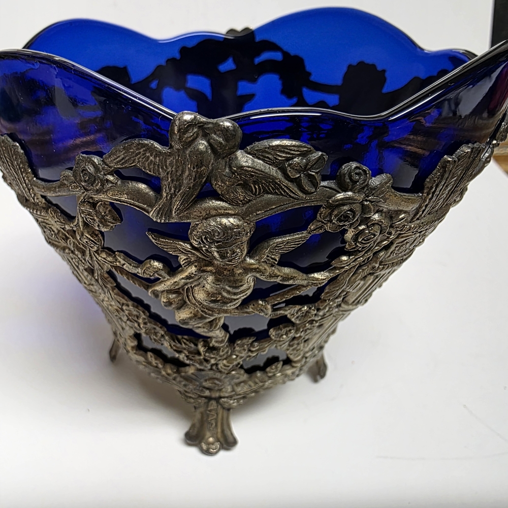 Creswick & Co. Sheffield Blue Glass Dish/Vase with Ornate Ormolu Design